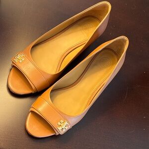 Tory Burch Kira Tan Leather Open Toe Wedge Heels